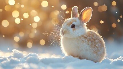 A fluffy white rabbit sits in the snow with a soft, golden glow behind it.