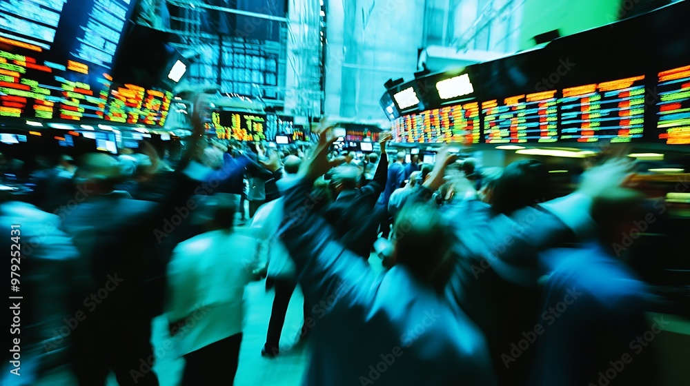 Poster a busy stock exchange trading floor with brokers shouting and gesturing