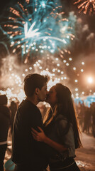 Fototapeta premium Couple kissing under vibrant fireworks at a festive night event.