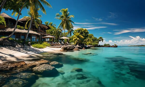 Tropical resort hotel beach paradise. Amazing nature, coast, shore. Summer vacation, travel adventure. Luxury holiday landscape, stunning ocean lagoon, blue sky palm trees. relax idyllic inspire