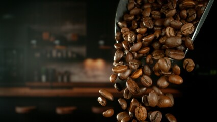 Freeze Motion of Whole Roasted Coffee Beans Falling , Filmed on High Speed Cinematic Camera at 1000...