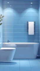 Luxury bathroom interior with blue walls with white bathtub and sink with vertical mirror standing in stylish bathroom in apartment with panoramic window on city view,3D rendering.