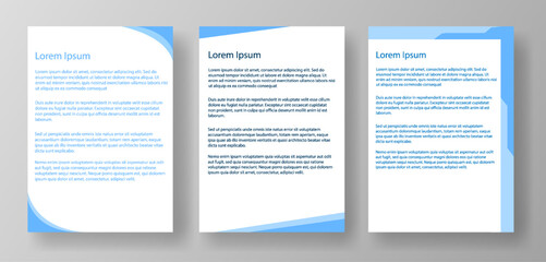 Obraz premium Three blue-themed document templates featuring Lorem Ipsum text. Modern and clean design on a gray background. Concept of document design templates, mockup a4