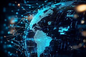 Obraz premium Global Digital Network Representing Communication Technology and Connectivity with a Futuristic World Map in a Blue Data Stream