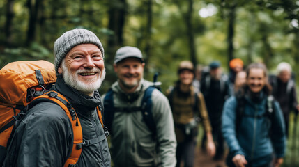 Fototapeta premium Elderly Hikers in Autumn or Winter Outfit Smiling in the Forest