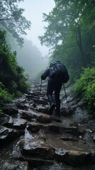 Obraz premium Panicked Hiker in the Rain on a Mountain Trail