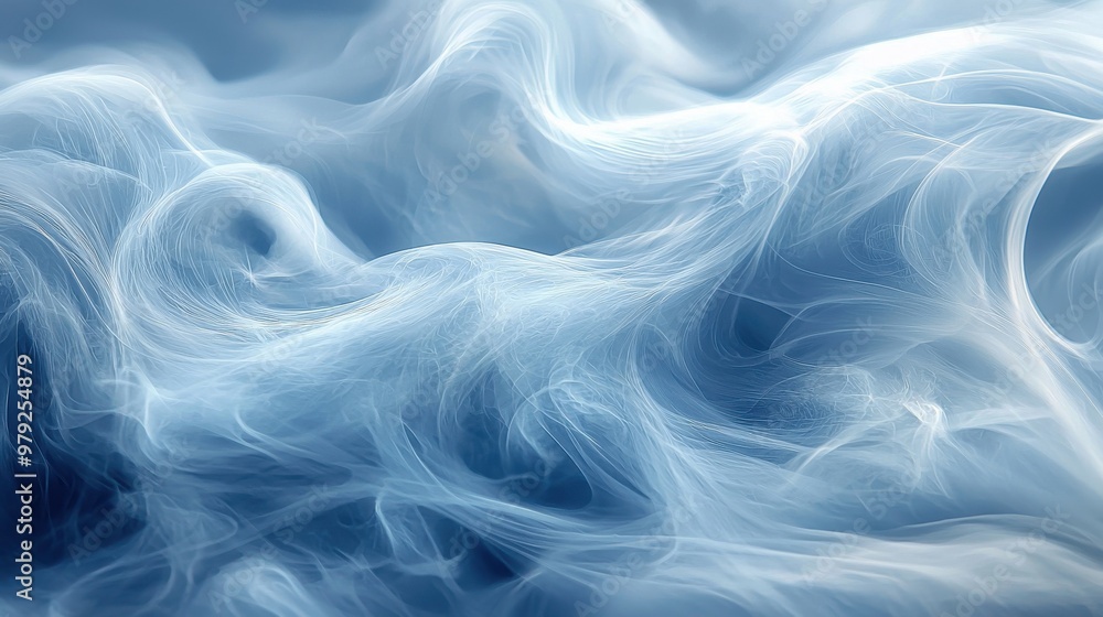 Poster ethereal wisps of mist create a mesmerizing pattern against a soft blue background in a serene natur