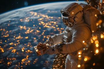 An astronaut in space celebrates Christmas with a gift against the backdrop of Earth.