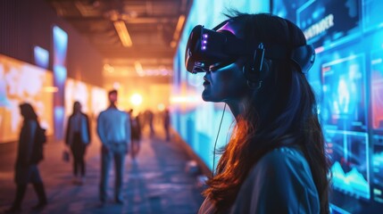 Fototapeta premium Innovative virtual conference with advanced holographic speakers, interactive booths, and AI-powered networking tools enhancing participant engagement.