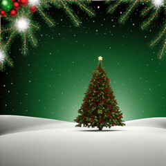 Obraz premium Christmas background. Xmas tree with snow decorated with garland lights, holiday festive background. Widescreen frame backdrop. 