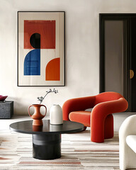 Japandi, minimalist interior design of modern living room with red stylish armchair against door.