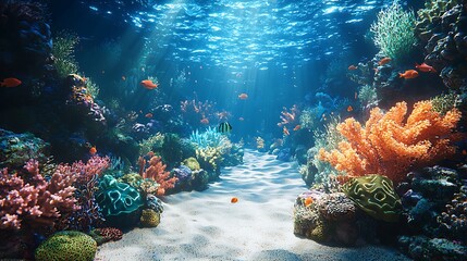 Colorful fish dart between corals, bathed in rays of sunlight in an underwater paradise.