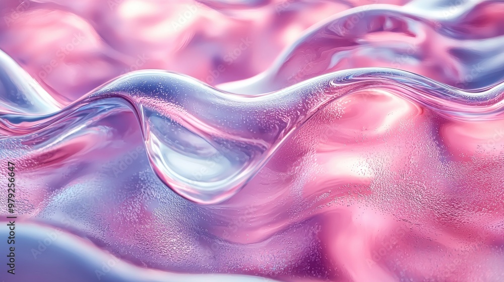 Poster abstract waves of pink and blue flowing together in a smooth, glossy texture under soft lighting sho