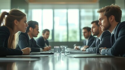 Fototapeta premium Business colleagues in a tense meeting, facing off in a disagreement.