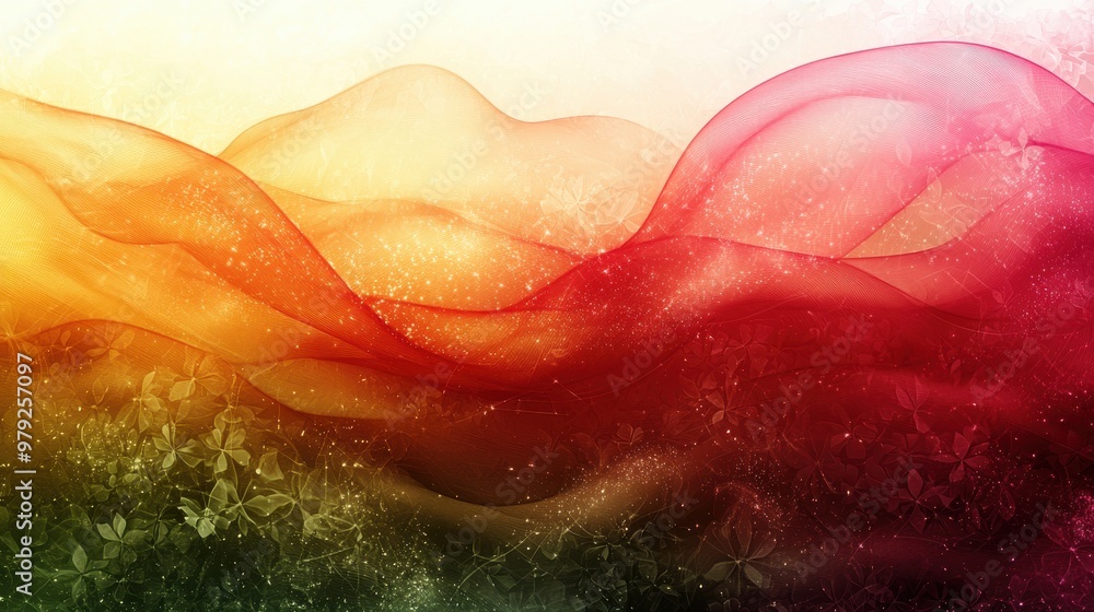 Poster abstract waves of color resembling a sunset with flowing layers of red, orange, and green creating a