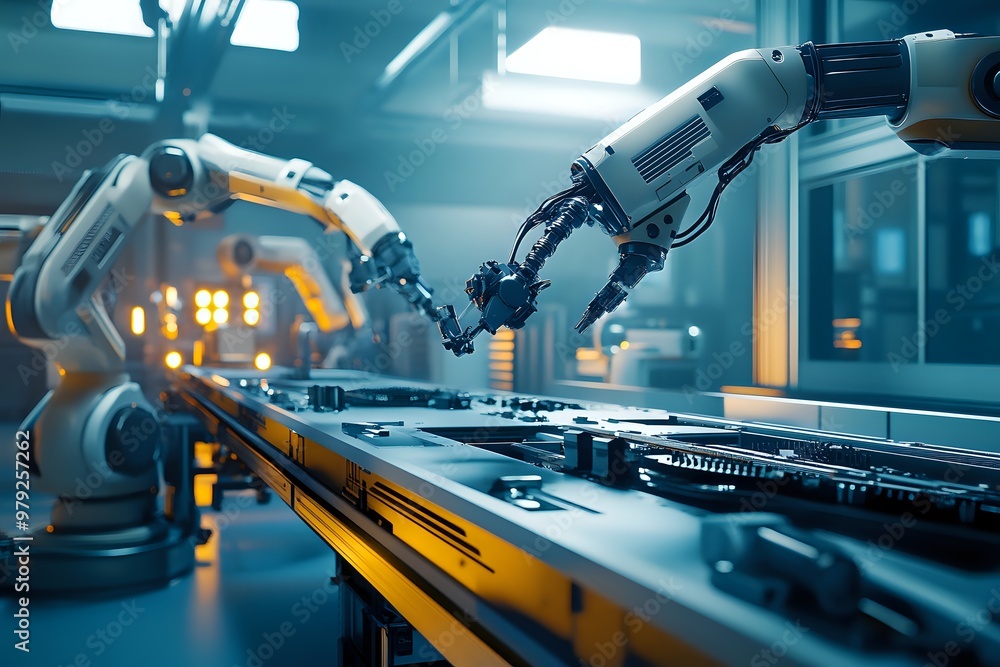 Poster two robotic arms working in a factory, one arm reaches out to grasp an object as the other is positi