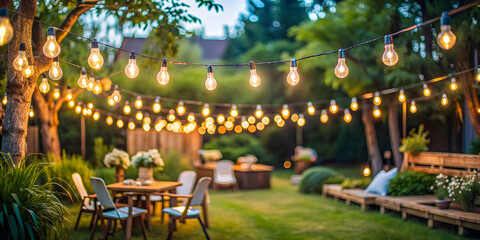 Outdoor party string lights hanging in backyard, festive, decorations, summer, celebration, garden, patio, ambiance
