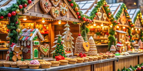 Fototapeta premium Gingerbread stall with festive decorations at a bustling Christmas market, holiday, winter, seasonal, sweets