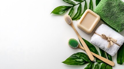 Eco-friendly bathroom essentials, accented by green leaves, evoke a natural and pure aesthetic.
