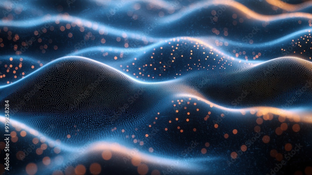 Poster abstract representation of flowing waves with glowing particles illuminated in a dark environment sh