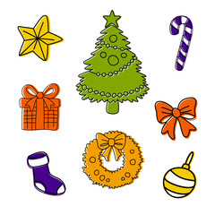 Festive Christmas Elements Set with Tree, Wreath, and Ornaments