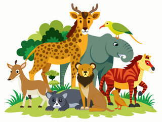 wild animals on white background