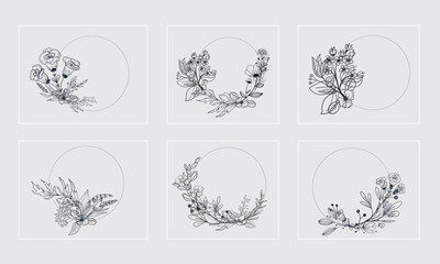 Floral branch & Hand drawn floral for logo, tattoo. Hand drawn line wedding plan, elegant leaves for invitation date card etc. Botanical all layout vector illustration