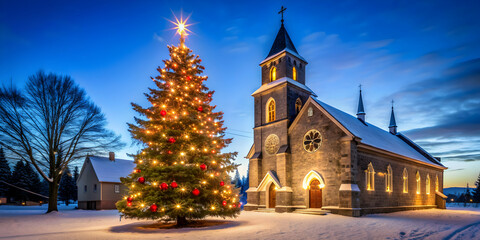 Christmas tree standing in front of a historic church, Christmas, tree, church, holiday, decorations, festive