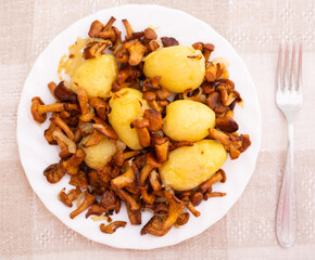 Delicious forest mushrooms chanterelles with young potatoes fried on white plate. top view