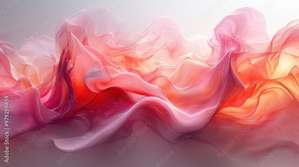 Poster abstract flowing fabric in shades of pink and red illuminated by soft light, creating a serene and e