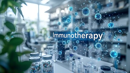 A high-tech laboratory setting featuring the term 'Immunotherapy' and digital molecular structures, symbolizing advanced medical treatments and research in immunotherapy.