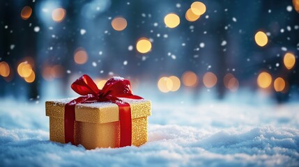 Fototapeta premium Golden Gift Box in Winter Wonderland