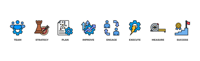 Change management banner web icon illustration concept business transformation and organizational change with team, strategy, plan, improve, engage, execute, measure, and success icon