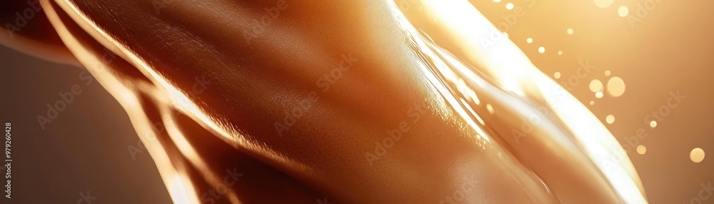 Poster a close-up view of a smooth and radiant skin texture illuminated by warm light, creating a sense of 