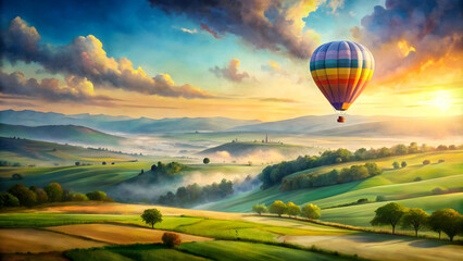 Watercolor painting of a hot air balloon floating over picturesque rolling hills and farmland