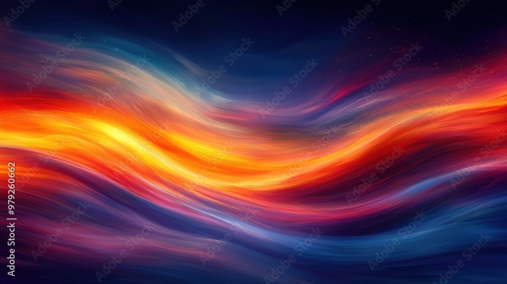 Poster vibrant abstract waves of color flow seamlessly in a dynamic pattern against a dark backdrop, evokin