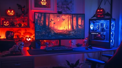 A cozy gaming setup for Halloween, with a gaming monitor displaying a festive, spooky game scene featuring haunted forests and monster characters. The room is decorated with Halloween props 