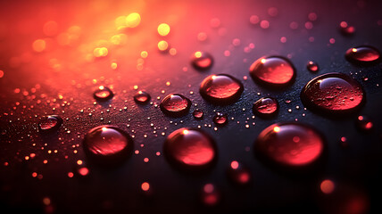 A dark red and black gradient background adorned with scattered small water droplets.