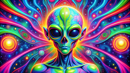 Psychedelic trippy alien cartoon with rave style, acid colors, and retro wave inspiration, Alien, psychedelic, trippy, cartoon, 70s