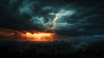 A dramatic thunderstorm unleashes lightning bolts striking a distant city skyline, with dark, turbulent clouds swirling above. The electrifying atmosphere is highlighted by the stark contrast
