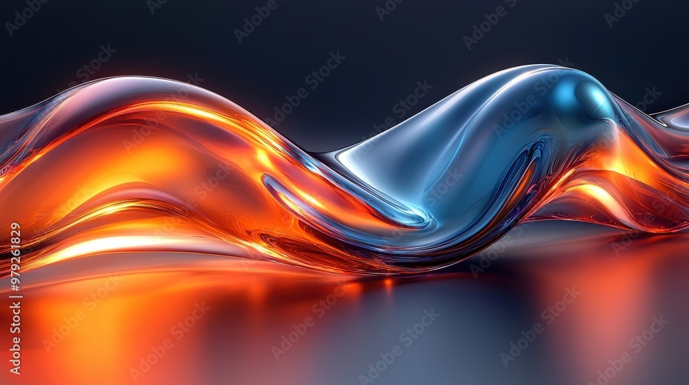 Aufkleber curved abstract waves of orange and blue light reflect on a smooth surface during an artistic render