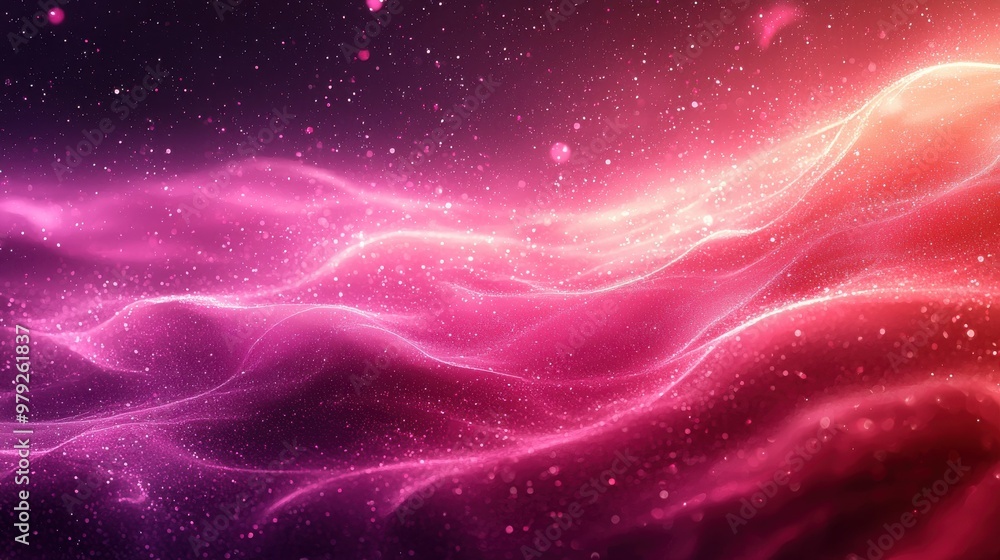 Poster abstract waves of pink and purple light create a mystical atmosphere with shimmering particles in a 