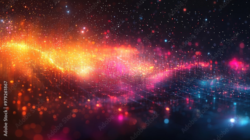 Poster vibrant cosmic scene depicting colorful particles and light patterns against a dark background in a 