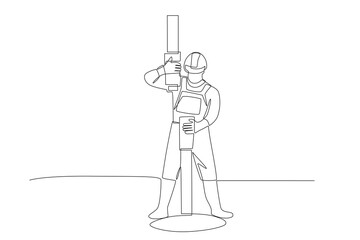 An oil mine worker is installing a drill. Oil field work concept one-line drawing