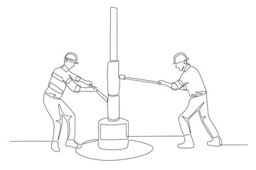 Two oil rig workers are drilling. Oil field work concept one-line drawing