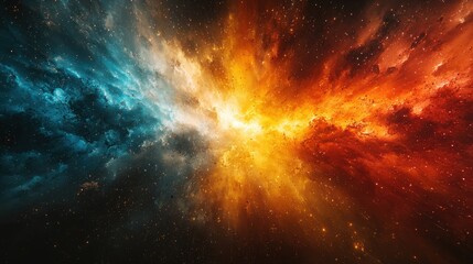 Obraz premium Dramatic cosmic explosion merging blue and orange hues in a vast star-filled galaxy during an imaginary cosmic event
