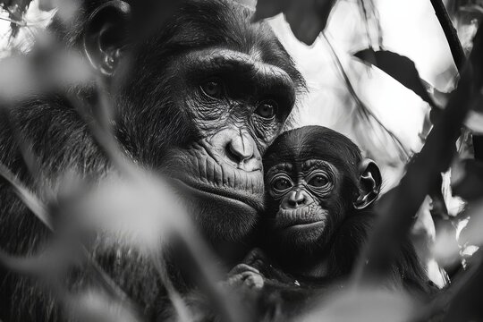 Black-and-white close-up photograph of a mother ape lovingly holding her young in the forest, capturing a tender moment in the wild