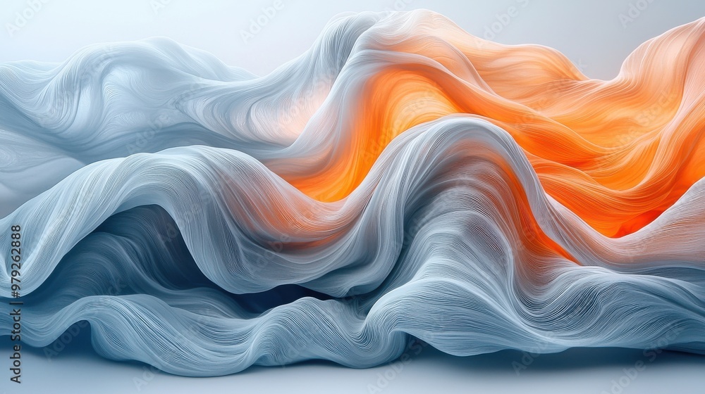 Poster abstract waves of blue and orange fluid shapes undulating gracefully in soft light, creating a seren