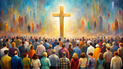 Modern painting of a crowd of people gathered around a Christian cross , religion, belief, faith, community
