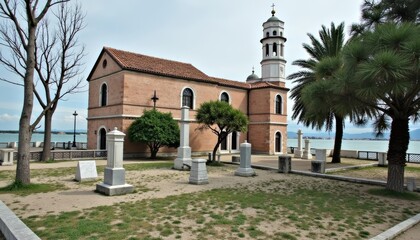 Naklejka premium Tranquil church by the sea a serene sanctuary
